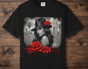 Chola Graphic Tee - Edgy Chicana Fashion Gift, Comfort Colors , Chicana Red Rose Shirt, West Coast Lowrider Style, LA Streetwear,