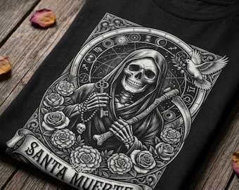 Camiseta gráfica de Santa Muerte - Santísima Muerte, arte popular de la muerte sagrada, estilo gótico religioso urbano, camiseta unisex de algodón.