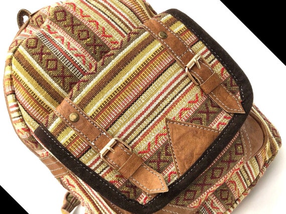 Handmade Organic Cotton Backpack: Leather Trim, Unisex  display picture 1