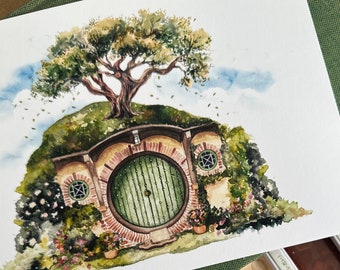 Pequeño agujero hobbit, impresión mágica de acuarela