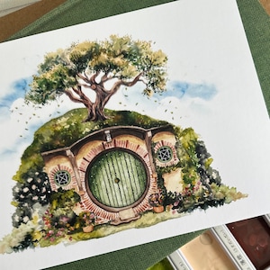 Pequeño agujero hobbit, impresión mágica de acuarela