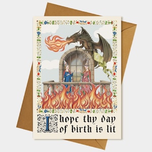 Cumpleaños LIT, tarjeta de cumpleaños de inspiración medieval, divertida, tarjetas de felicitación