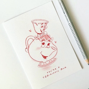 Tarjeta para el Día de la Madre con temática de té, ilustración inspirada en la Sra. Potts, Chip