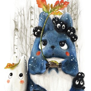 El bosque está llamando, lindo anime, impresión de arte a lápiz y tinta, kawaii, japonés, espíritus