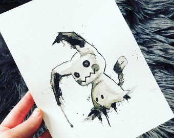 Impression aquarelle inspirée de Mimikyu effrayant