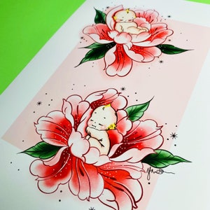 Sleeping Kewpie Dolls, Peony, Tattoo Style, Tattoo Art, Print