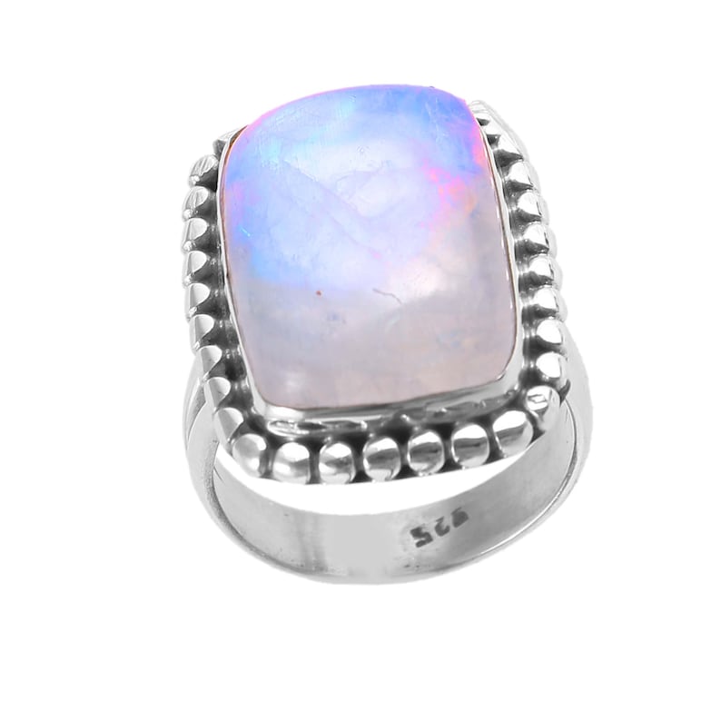 Blue flashy natural moon stone cabochon stone 925 sterling silver ring