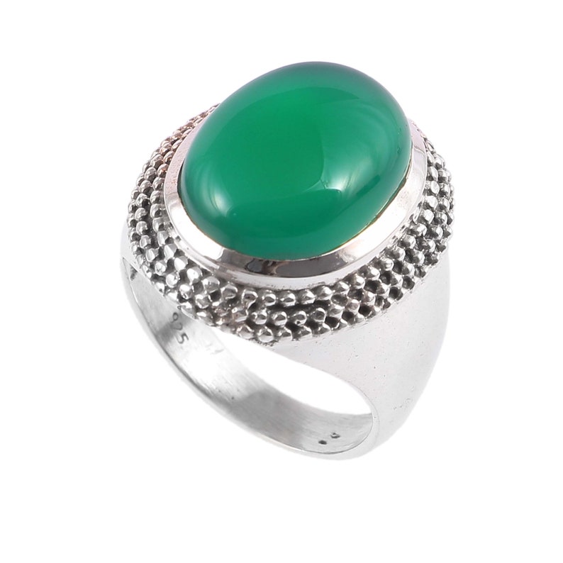 Green onyx natural cabochon stone fine work 925 sterling silver ring