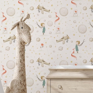 Little Prince nursery wallpaper in pastel colors. Little boy in a planet wall art décor. DIY peel and stick high quality mural.