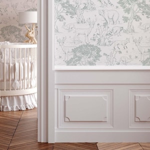 Toile woodland wallpaper for a gender neutral nursery wall decor.
