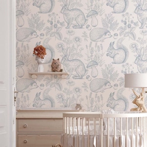 Woodland wallpaper, fox and rabbit nursery wallpaper, Nursery Decor, vintage peel and stick wallpaper.