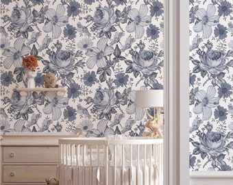 Big blue floral pattern peel and stick wallpaper for a nursery bedoom or a bathroom.