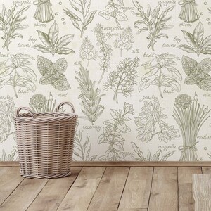 Olive green kitchen wallpaper with a farmhouse style. Custom Printed Removable Self Adhesive Wallpaper.