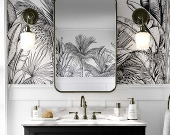black and white tropical mural, DIY peel and stick jungle mural, jungle home decor, floral wallpaper, removable easy to apply, ecofriendly