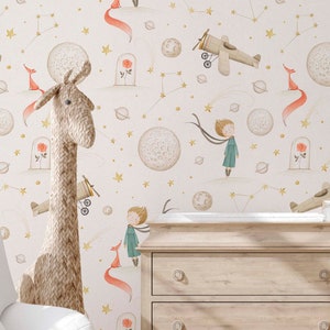 Little Prince nursery wallpaper in pastel colors. Little boy in a planet wall art décor. DIY peel and stick high quality mural.