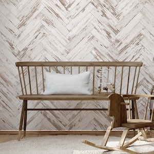 Wood peel and stick wallpaper. Wooden chevron wall mural. White washed wall decor. DIY peel and stick high quality mural.