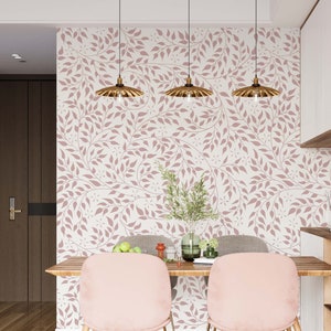 Pink wallpaper with leaves,  DIY peel and stick high quality mural, pvc free ecofriendly.