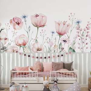 Peel and stick wallpaper mural with  floral design, soft botanical wallpaper mural.