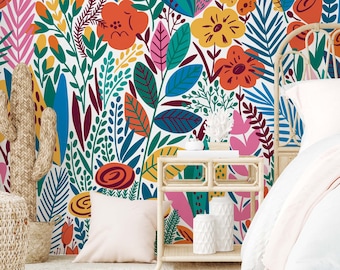 Bright and colorful floral removable peel and stick wallpaper for temporary décor.