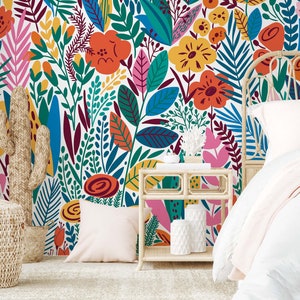 Bright and colorful floral removable peel and stick wallpaper for temporary décor.