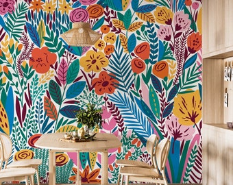 Bright and colorful floral removable peel and stick wallpaper for temporary décor.