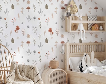 Peel and stick mushroom wallpaper, perfect for a nursery or kids room decor. Cottagecore patten mural.