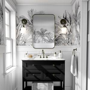 black and white tropical mural, DIY peel and stick jungle mural, jungle home decor, floral wallpaper, removable easy to apply, ecofriendly