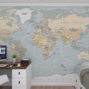 worldmap mural, worldmap wallpaper, map of the world, DIY peel and stick removable easy to install, instructional mural.