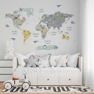 Animal world map for nursery décor, DIY peel and stick removable map mural, easy to apply, pvc free, ecofriendly, worldmap room decor