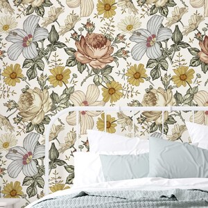 Vintage floral wallpaper, boho peel and stick wallpaper