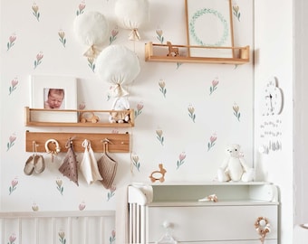 Small pink flower peel and stick wallpaper for a girls nursery bedroom decor. DIY, eco friendly