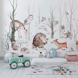 Nursery enchanted forest mural, peel and stick removable wallpaper, animals forest, kids room decor, playroom, ecofriendly material.