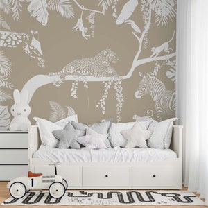 Childrens savannah animals mural for easy wall décor in neutral colors.