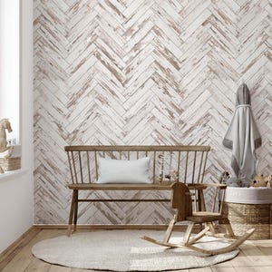 Wood peel and stick wallpaper. Wooden chevron wall mural. White washed wall decor. DIY peel and stick high quality mural.