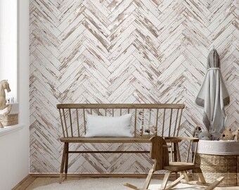 May include: A rustic-themed nursery with a distressed wood-look herringbone pattern wall. A wooden bench with a white pillow sits on a round rug. A wooden rocking horse and a basket with toys complete the scene.