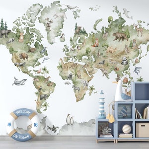 Watercolor world map wallpaper with animals for kids bedroom décor, self adhesive peel and stick material