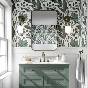 Sage green leaves peel and stick wallpaper for DIY décor projects.