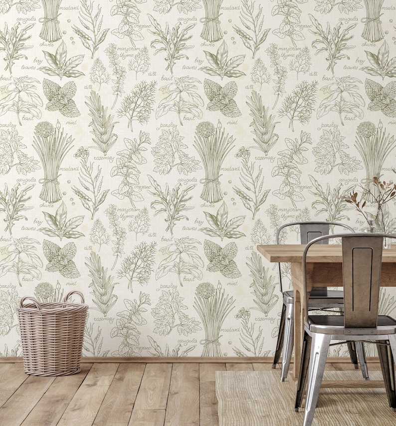 Olive Green Kitchen Wallpaper With a Farmhouse Style. Custom Etsy
