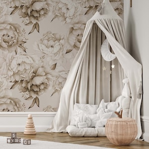 Beige peony peel and stick wallpaper, big flowers wallpaper, non woven wallpaper mural