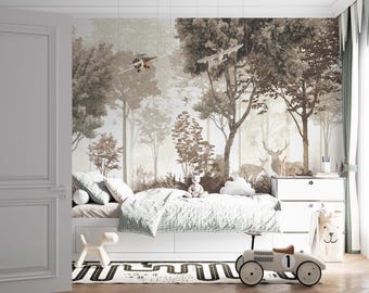 Forest wall mural, forest deer mural, animals wall mural, forest wallpaper, removable DIY peel and stick easy to apply, high quality