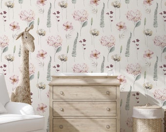 Pink feminine hydrangea and fern wallpaper for a girls room. Botanical peel and stick