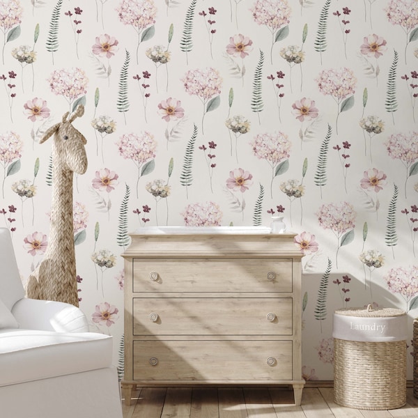 Pink feminine hydrangea and fern wallpaper for a girls room. Botanical peel and stick