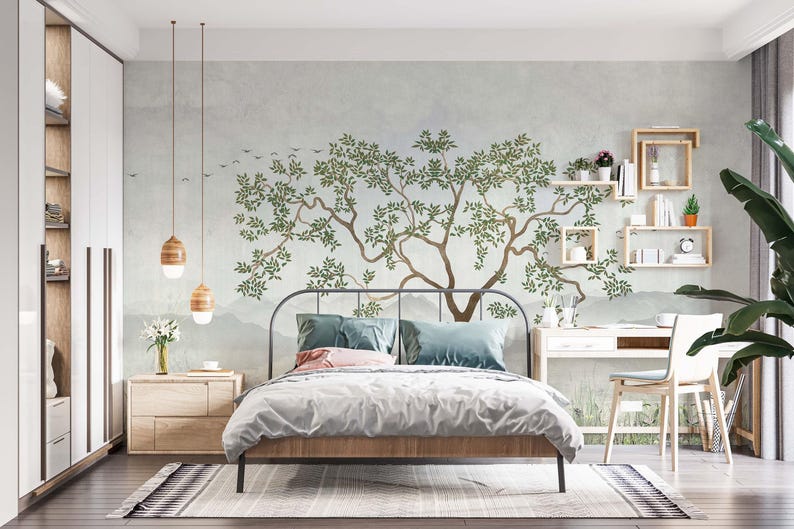 nature wallpaper mural, tree mural, DIY peel and stick, easy to install, high quality, pvc free ecofriendly, bedroom wallpaper, home decor image 3