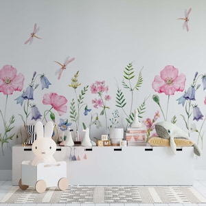 Colorful spring wild flowers on white background, DIY peel and stick removable wallpaper, easy to apply, ecofriendly material,colorful mural
