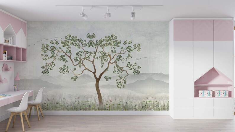 nature wallpaper mural, tree mural, DIY peel and stick, easy to install, high quality, pvc free ecofriendly, bedroom wallpaper, home decor image 2