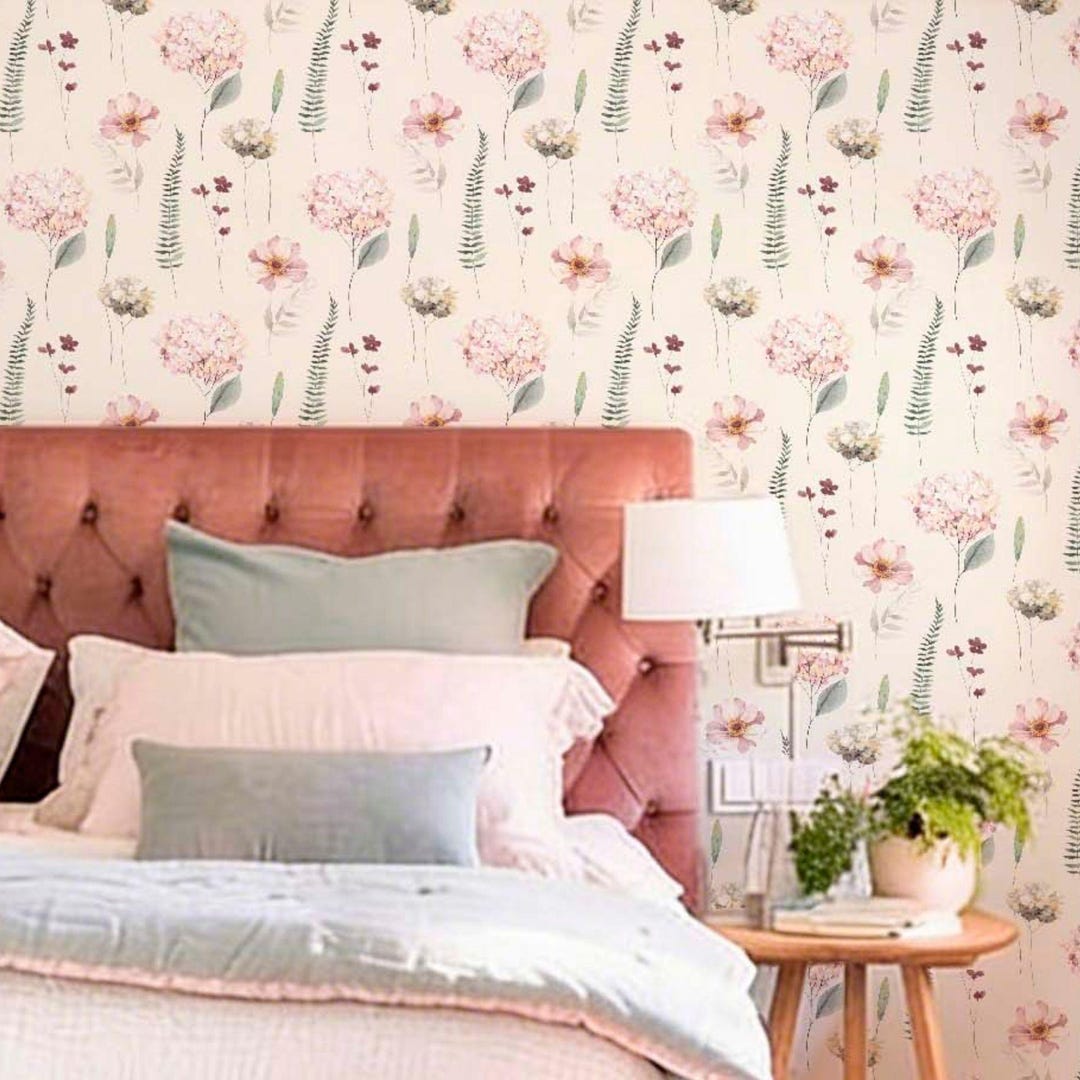 Pink Feminine Hydrangea and Fern Wallpaper for a Girls Room. Botanical