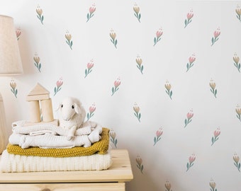 Small pink flower peel and stick wallpaper for a girls nursery bedroom decor. DIY, eco friendly