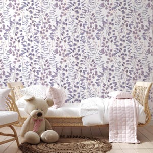 Removable purple leaves Floral Wallpaper, hand drawn wild flowers  peel and stick wallpaper