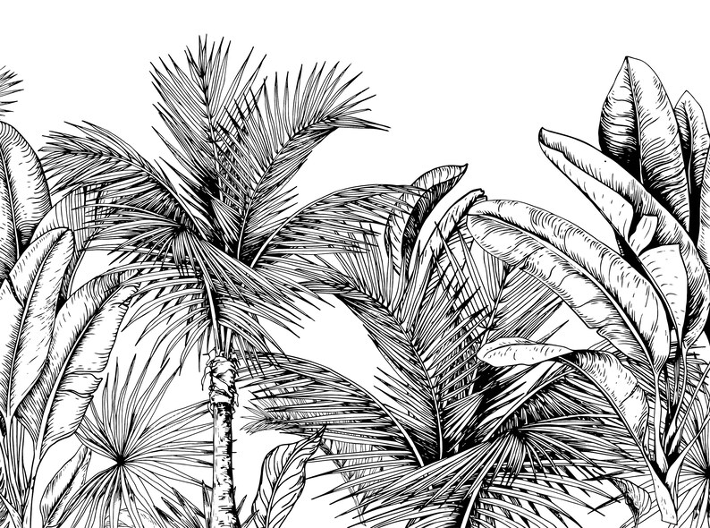 Black and White Tropical Mural DIY Peel and Stick Jungle Etsy