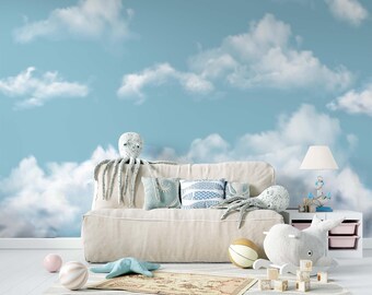 blue sky wallpaper, DIY easy to install, repositionable, peel and stick wallpaper, decorative mural wallpaper, relaxing and harmonious mural
